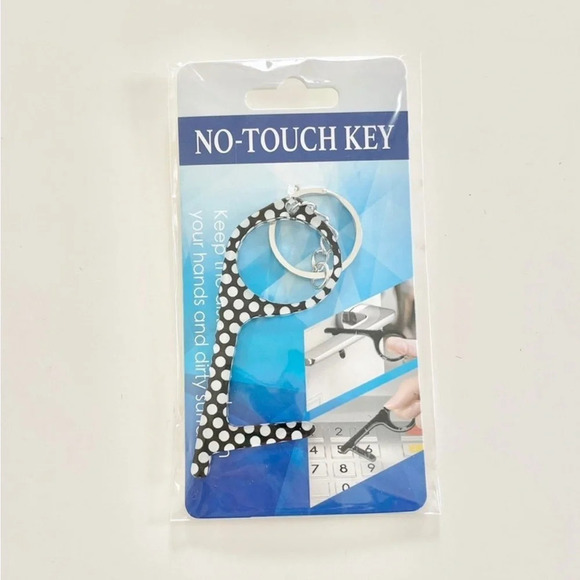 No-Touch Key and Door Handle Opener Keychain Black & White Polka Dot Design - Picture 4 of 4